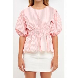 ENGLISH FACTORY Pink White Stripe Puff Sleeve Peplum Scallop Hem Top L